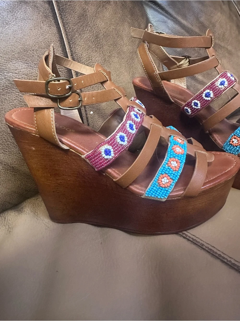BAMBOO Tan Brown Platform Wedge Sandals with Turquoise & Purple Beaded Straps